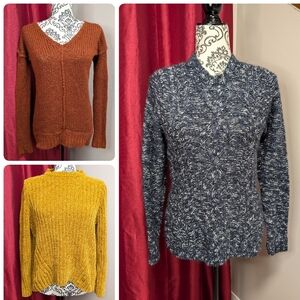 Bundle Of 3 Women’s Cozy Cable & Knit Sweaters- Rust, Mustard, Navy Size Small